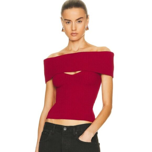 GRLFRND Crystal Knit Top in Red Size Small Off-shoulder Red Ribbed Tee - Picture 1 of 2